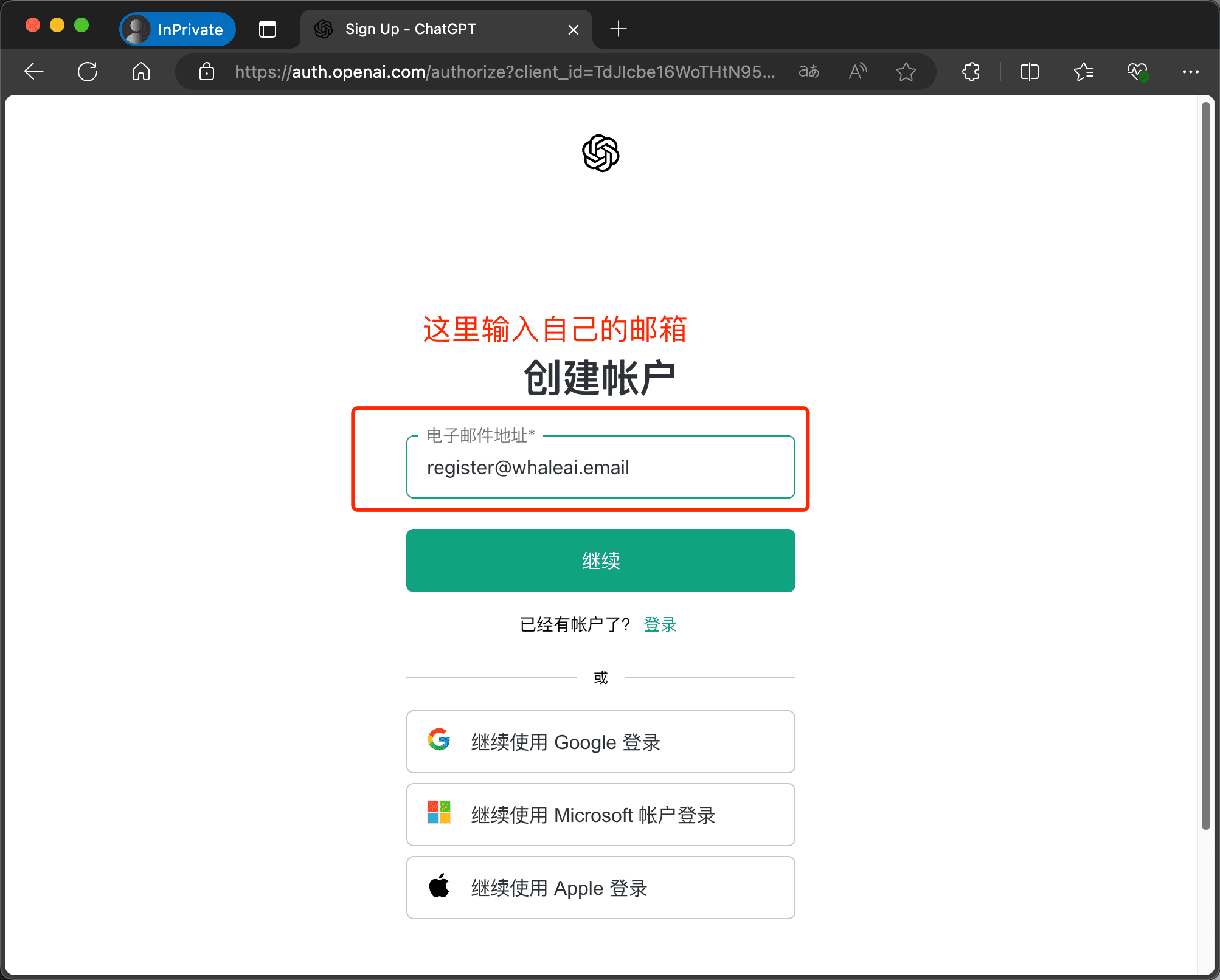 输入邮箱和密码